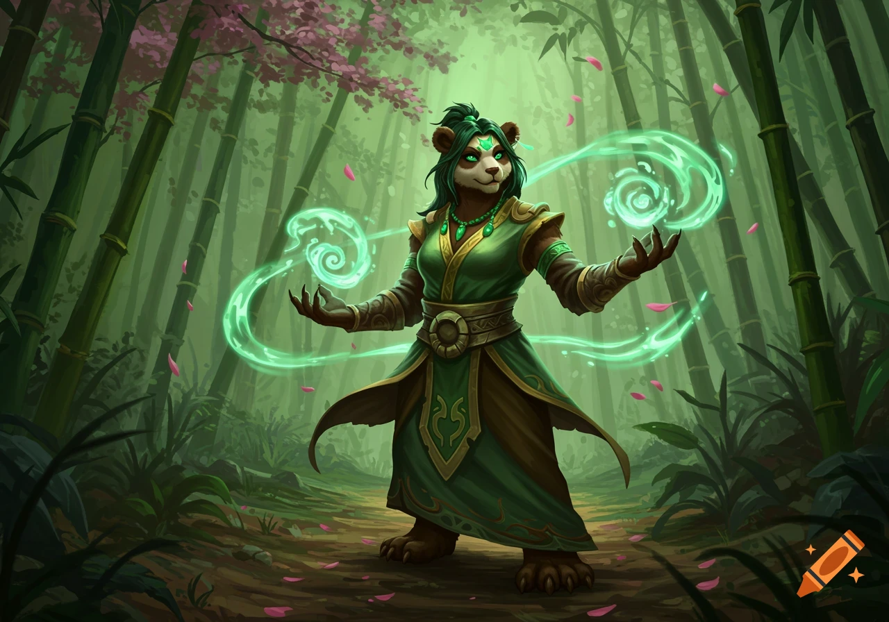 A female pandaren mistweaver in a green robe casts a glowing green spell in a bamboo forest with falling pink petals.