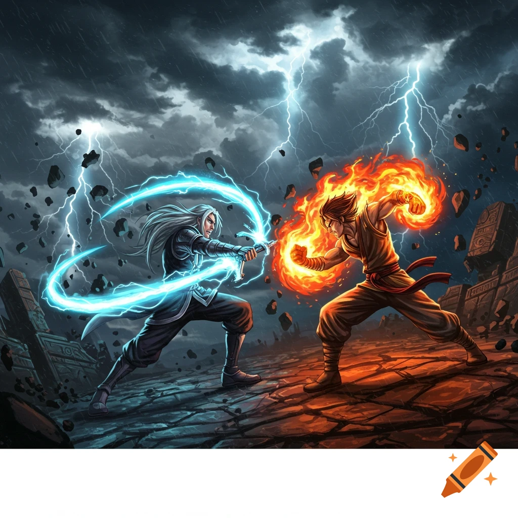 Two anime characters battle on a rocky terrain under a stormy sky, one wielding lightning and the other fire.