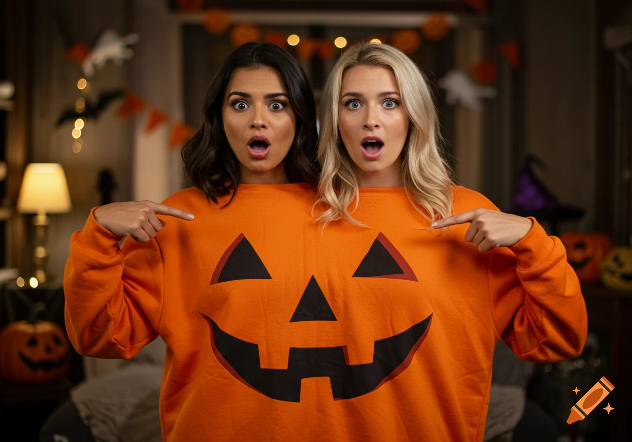Two women in a large orange conjoined pumpkin sweatshirt pointing outwards in a Halloween-decorated room.