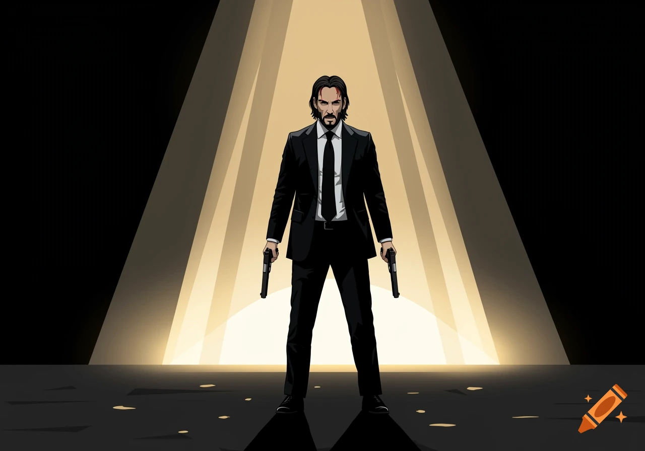 Stylized illustration of John Wick in a suit holding two guns, standing in a spotlight.