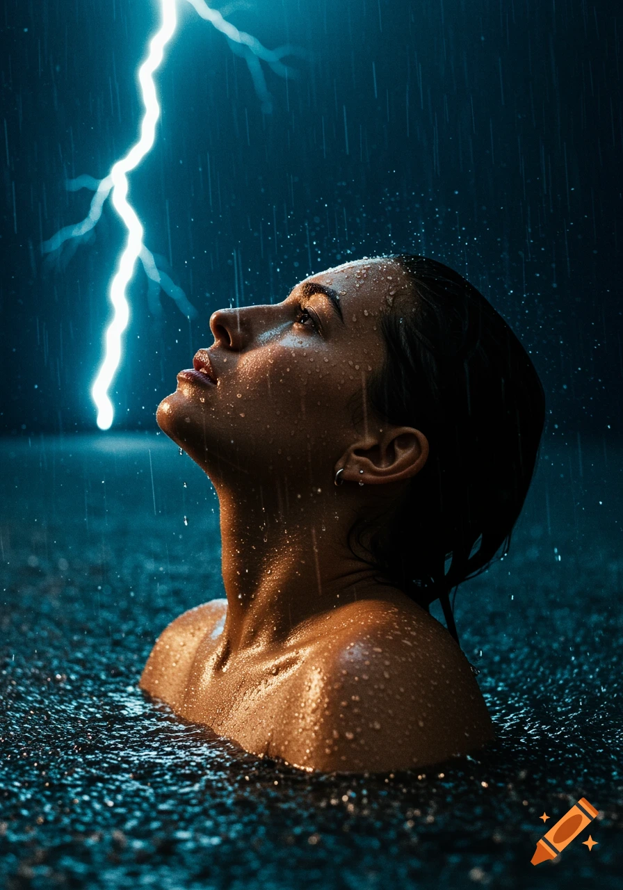 Photorealistic portrait of a woman in water, head tilted back, with rain falling and a bright lightning bolt overhead.