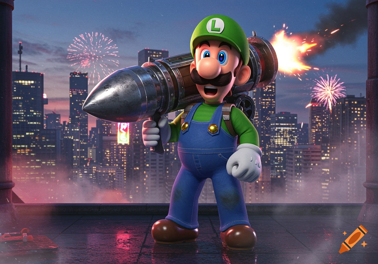 Luigi from Super Mario standing on a rooftop at night, holding a large rocket launcher that is firing, with a city skyline and fireworks in the background.