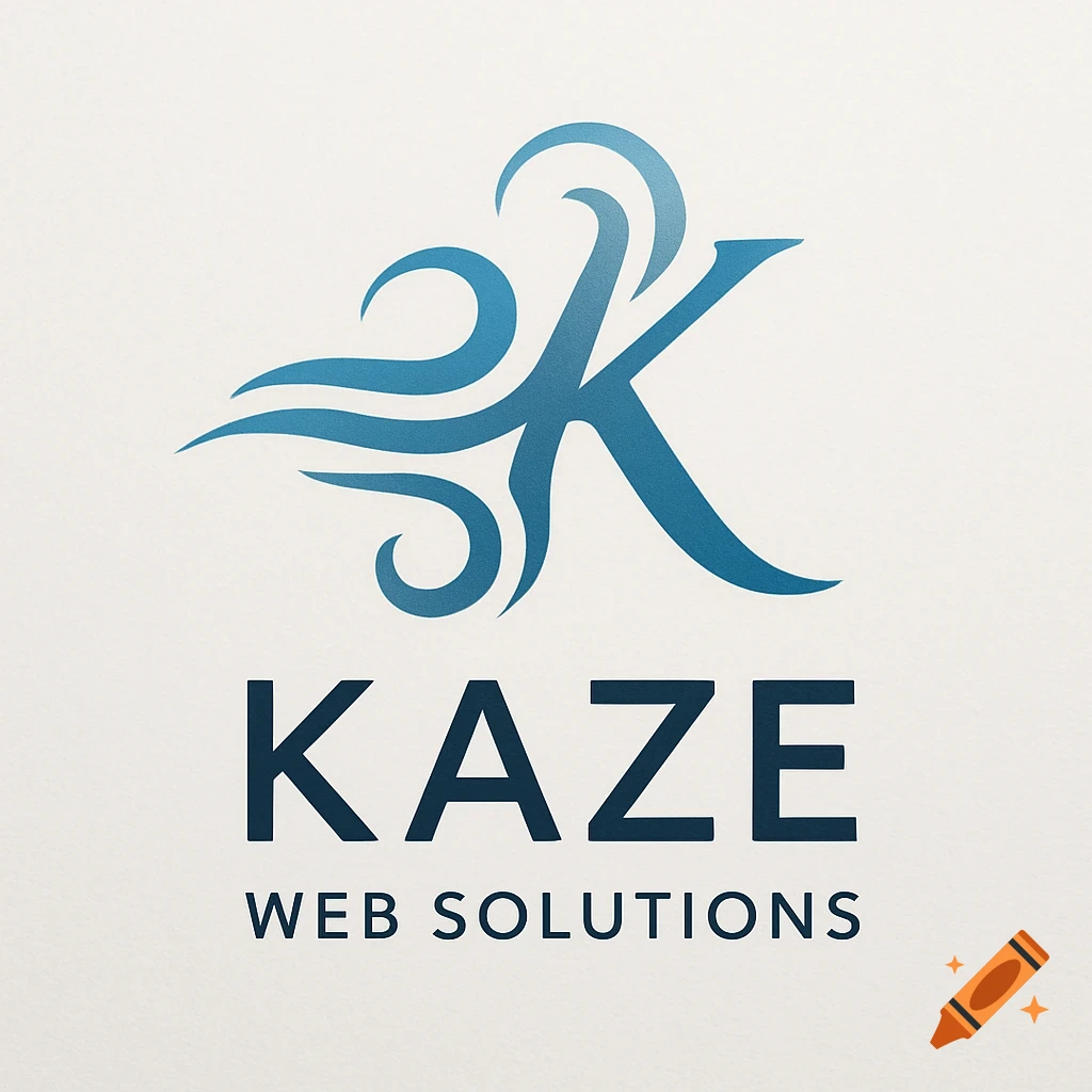A blue, stylized K logo with wavy elements resembling wind or water, above the text 'KAZE WEB SOLUTIONS' on a light textured background.