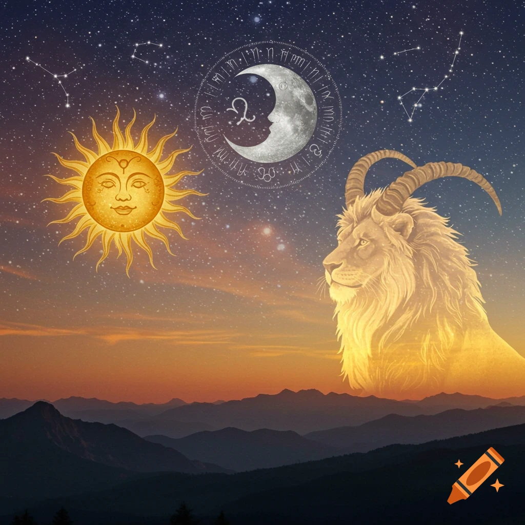 A vibrant, mystical landscape with a smiling sun, moon, and zodiac symbols, alongside a glowing lion-goat creature over mountains at sunset.