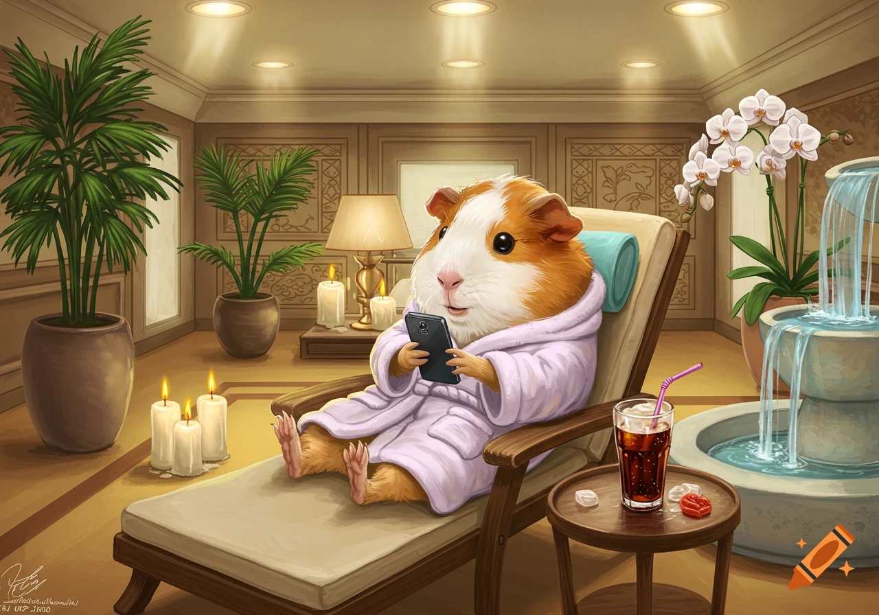 A fluffy guinea pig in a purple bathrobe relaxes on a lounge chair at a hotel spa, looking at its phone with a drink on a side table.
