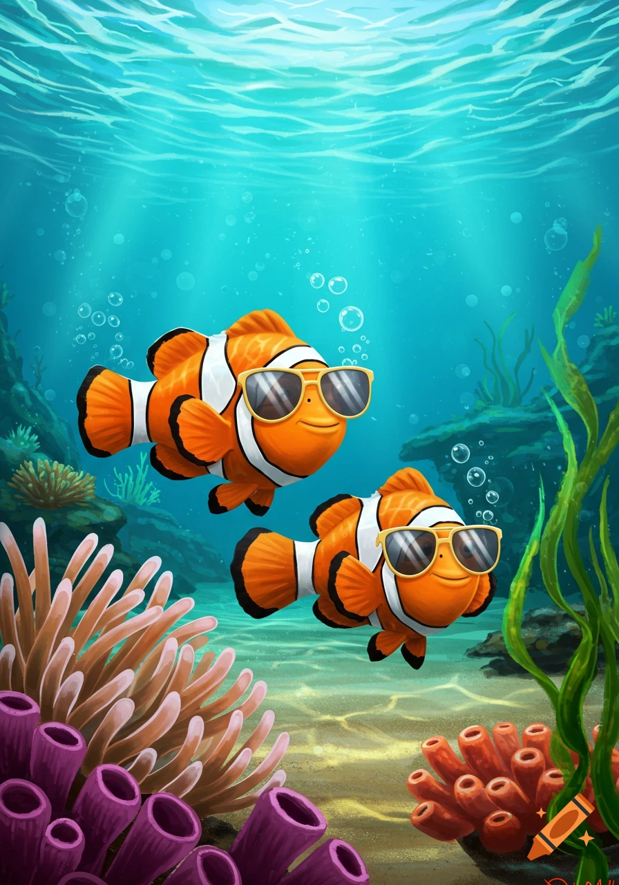 Two cheerful cartoon clownfish wearing sunglasses swim underwater among vibrant coral and marine plants, with sunlight filtering from above.