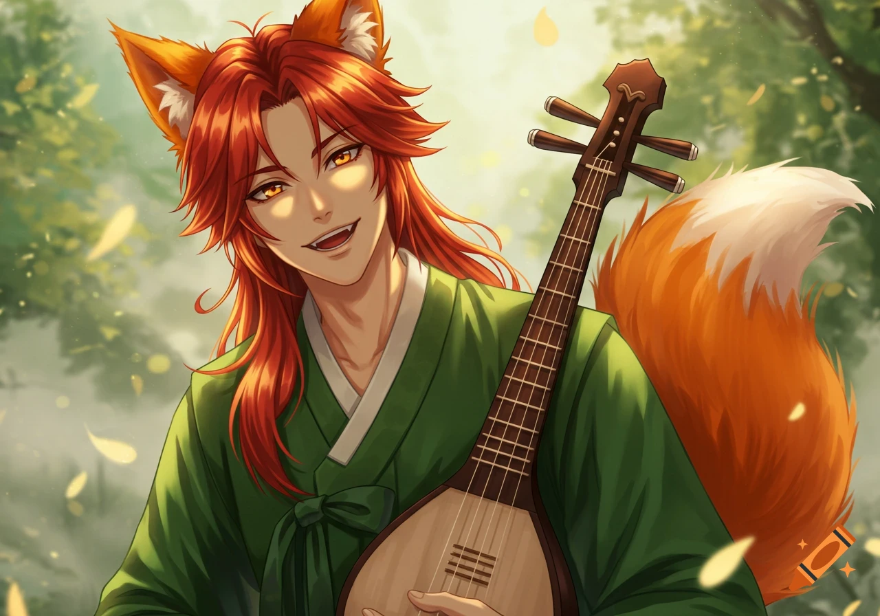 An anime man with long red hair, fox ears, and a tail, wearing a green hanbok and smiling while holding a lute in a forest.