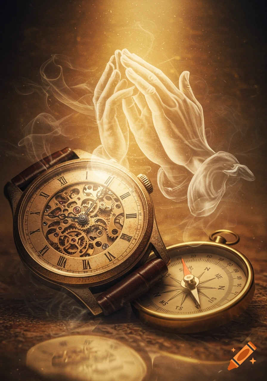 A close-up of a vintage pocket watch with visible gears and a compass on a table, with glowing, translucent praying hands appearing above them.