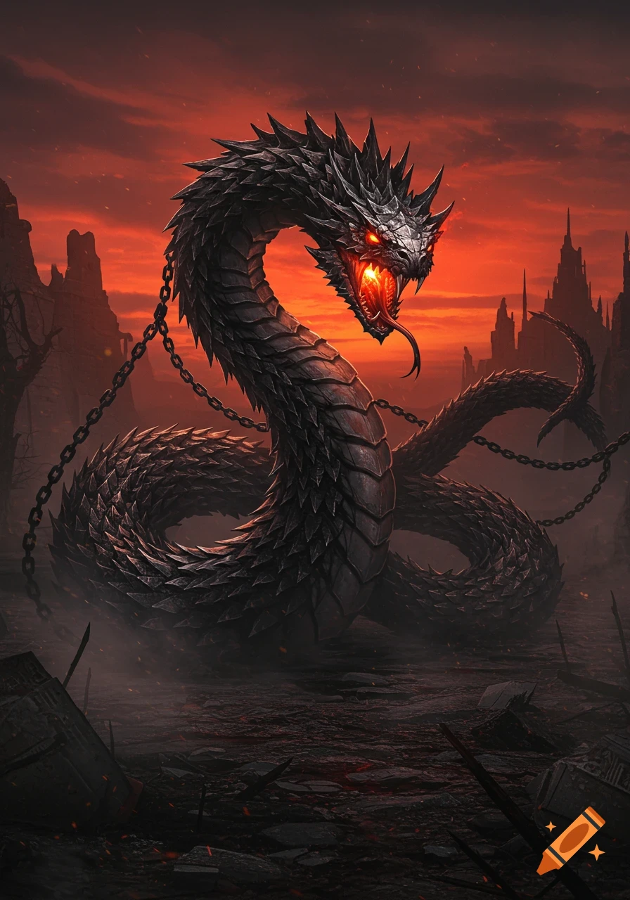 A colossal dark armored serpent with glowing red eyes and an open, fiery mouth, entangled in chains within a desolate landscape under a fiery orange-red sky.