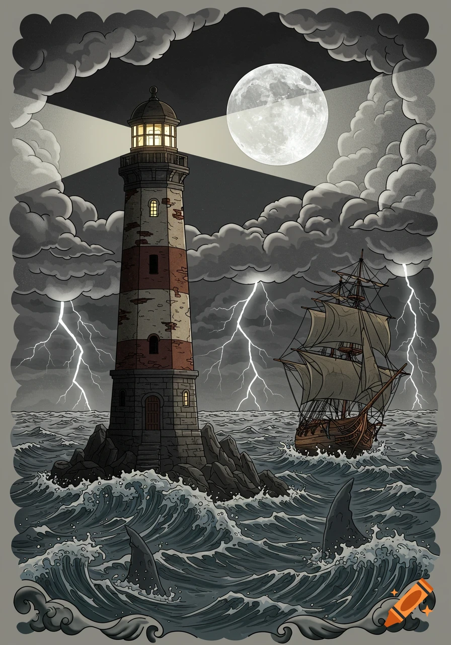 A stormy night with a lighthouse on rocks, lightning, a sailing ship on rough seas, shark fins, and a full moon in tattoo art style.