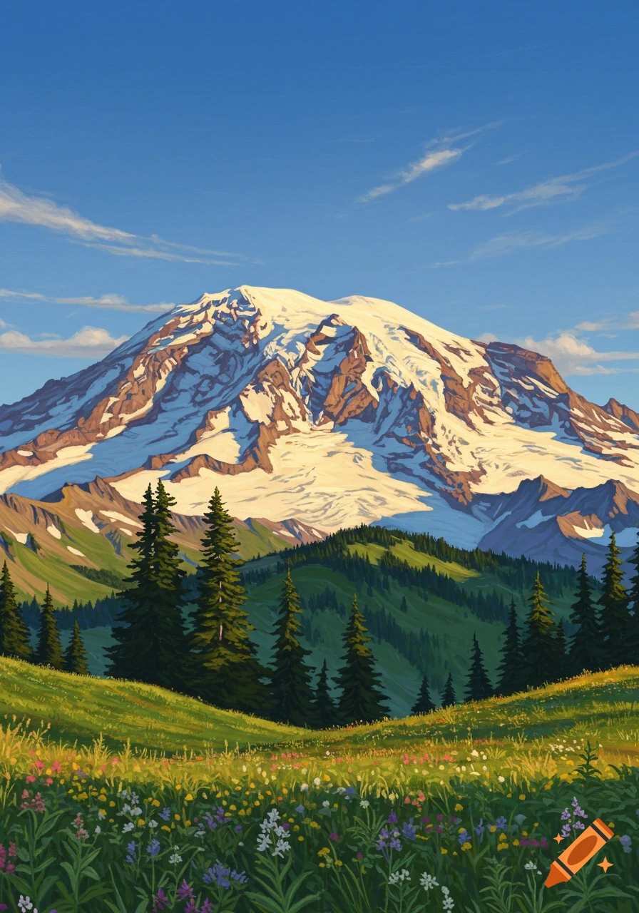 A vibrant painting of a snow-capped mountain, likely Mount Rainier, towering over green rolling hills dotted with pine trees and a field of colorful wildflowers in the foreground under a clear blue sky.