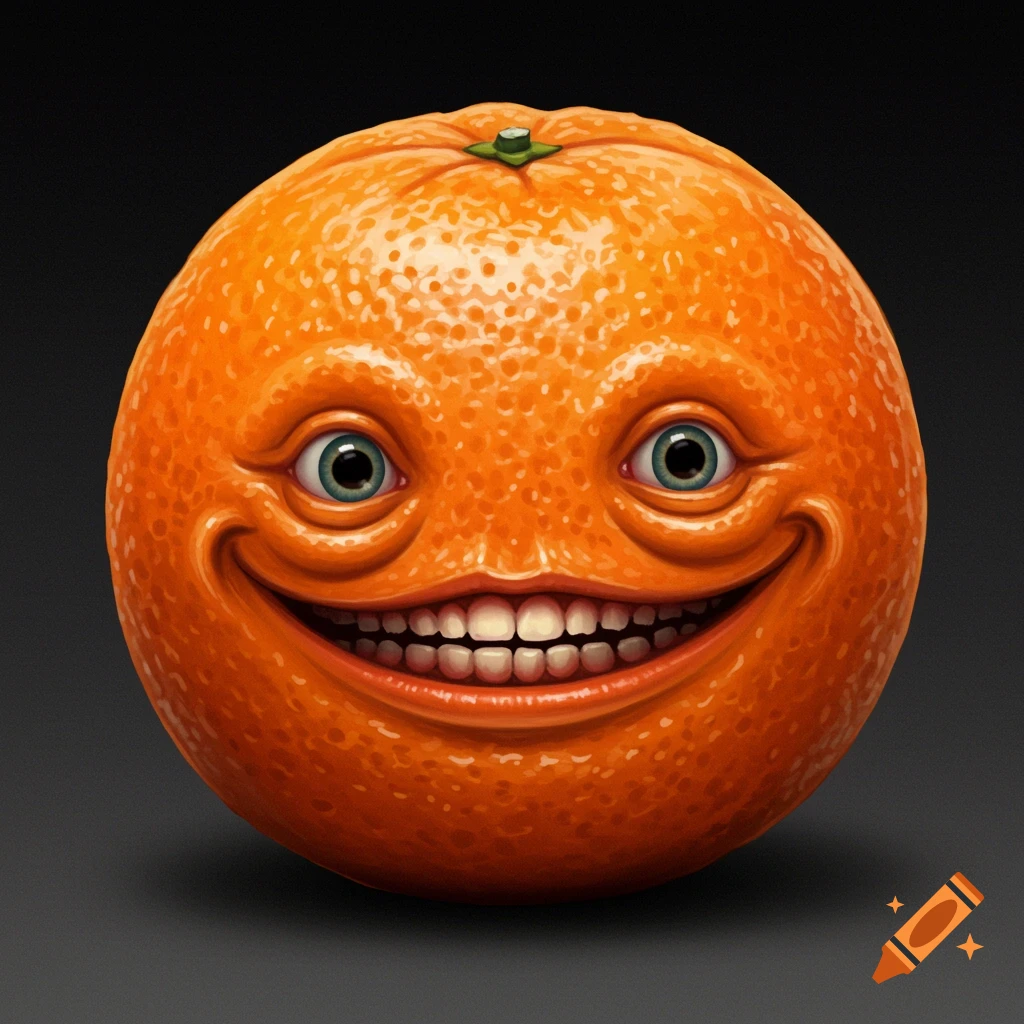 An anthropomorphic orange with large, unsettling eyes and a wide, creepy smile, set against a dark background.