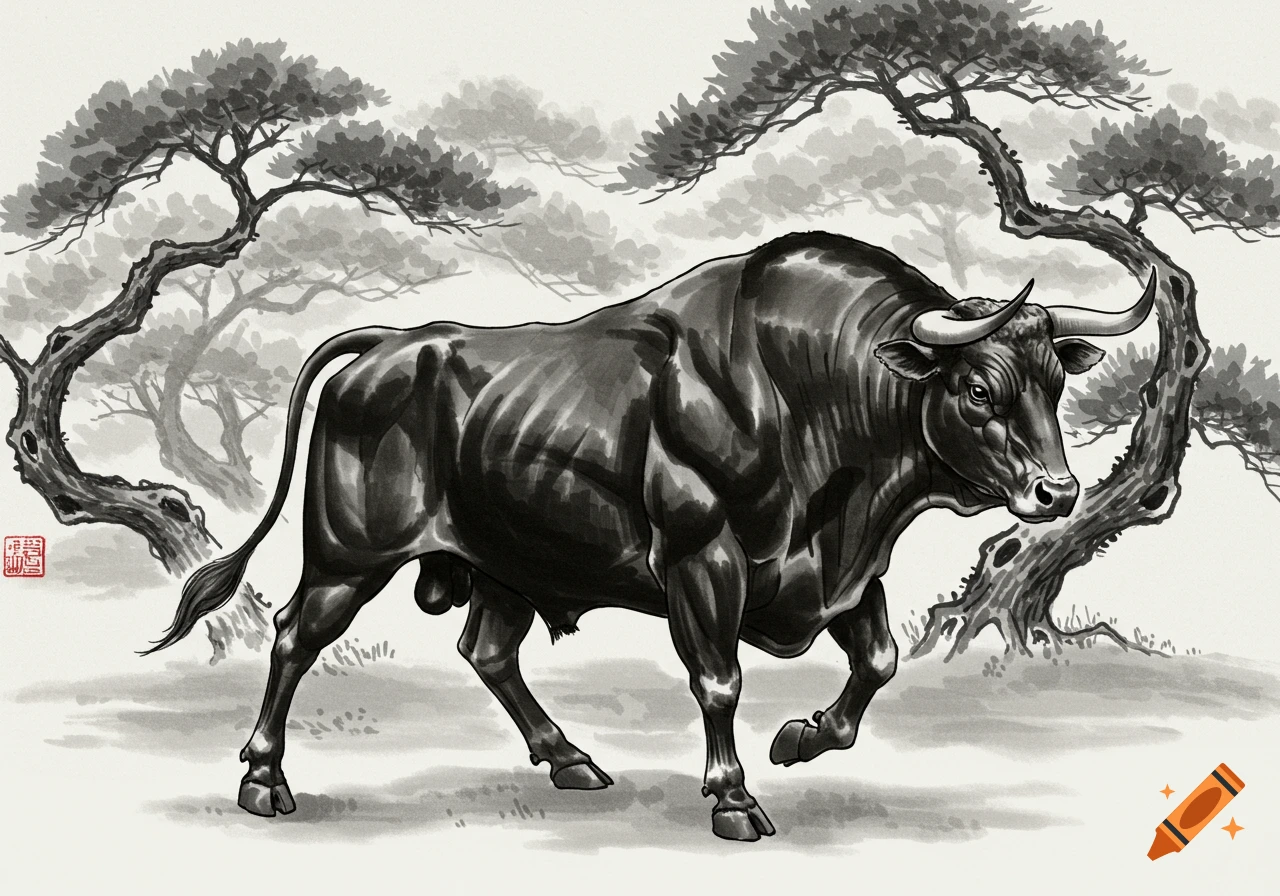 A black and white Japanese ink wash drawing of a powerful bull walking among gnarled trees.