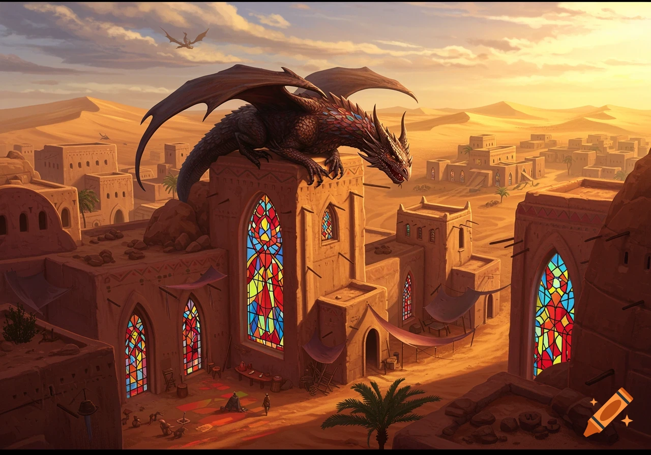 A large wyvern perched on a sandstone building in a desert town, with colorful stained-glass windows and warm, golden light.