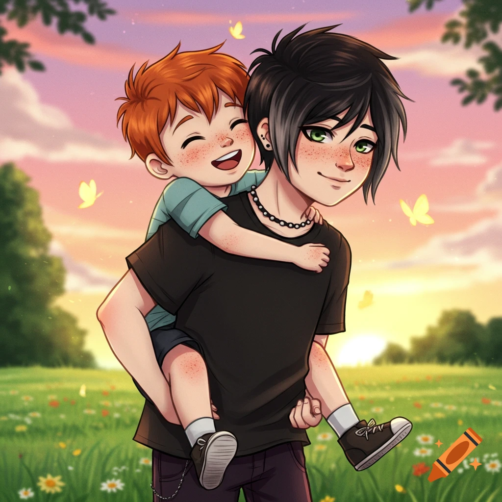 A dark-haired boy gives a ginger-haired boy a piggyback ride in a sunny field at sunset, in an anime style.