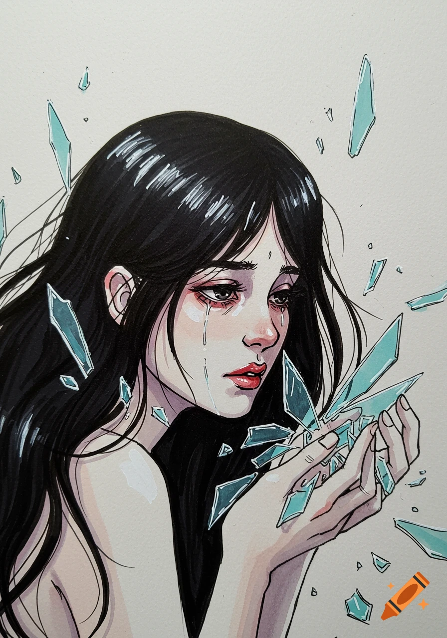 Hand-drawn marker illustration of a crying woman with black hair holding shards of broken glass in her hands.