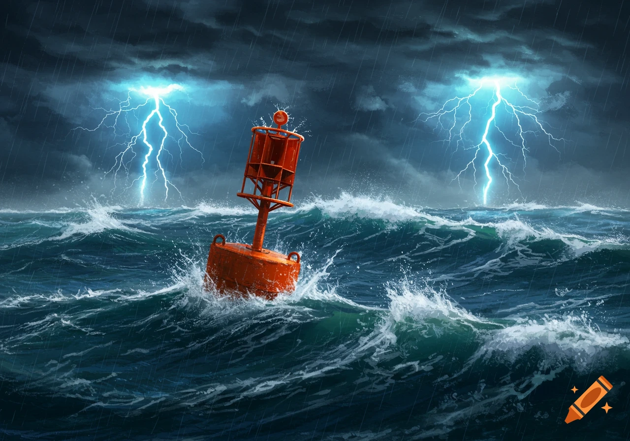 An orange buoy bobs in a stormy sea with dark clouds, falling rain, and lightning striking the water.