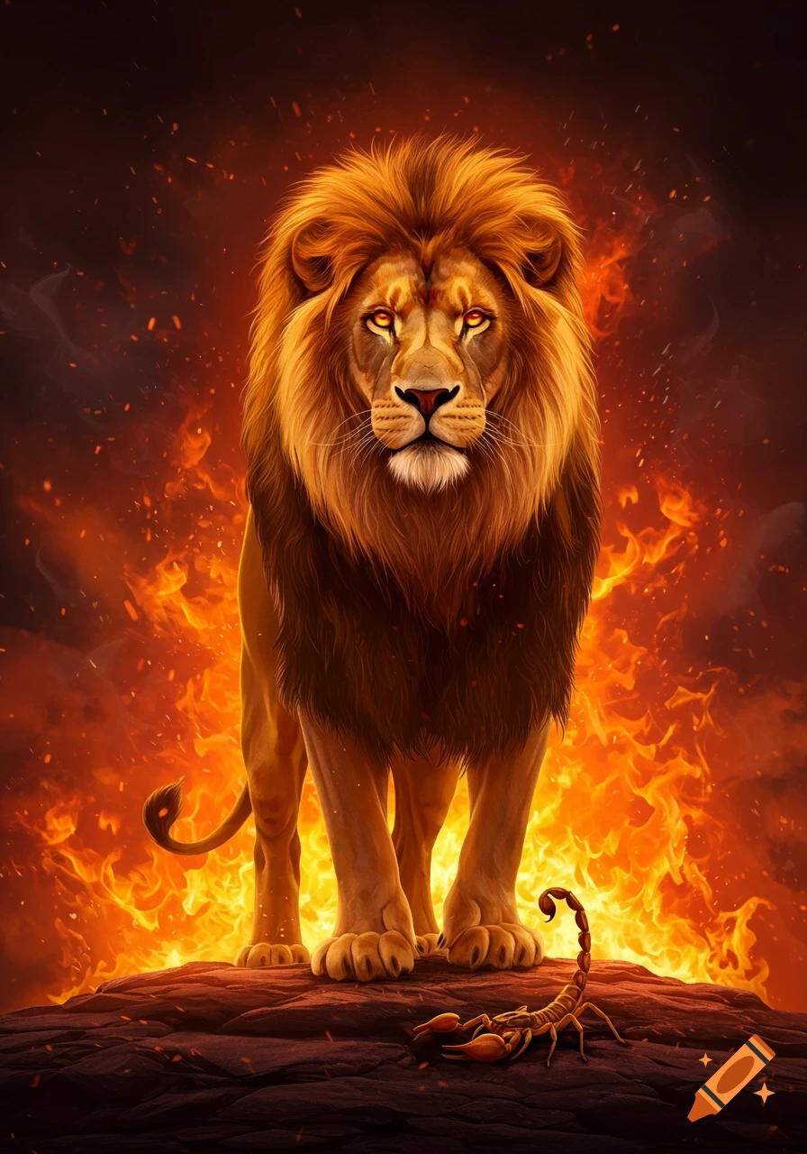 A majestic lion with glowing eyes stands on a fiery, rocky landscape with a scorpion near its paw, depicted in a dramatic digital art style.