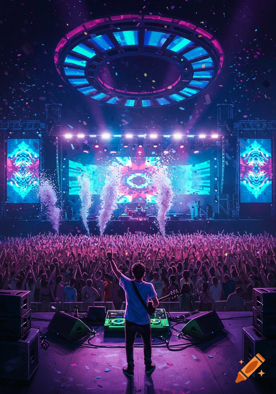 A person on a music festival stage, facing a large crowd amidst bright neon lights, confetti, and smoke effects.