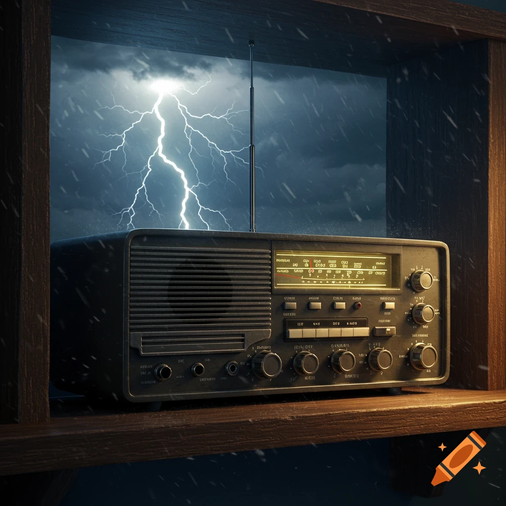 An old radio sits on a wooden shelf, with a stormy sky and bright lightning visible through a window behind it.