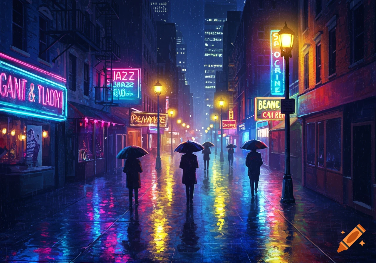 A rainy city street at night, illuminated by vibrant neon signs and streetlights, with people walking under umbrellas, reflecting on the wet ground.