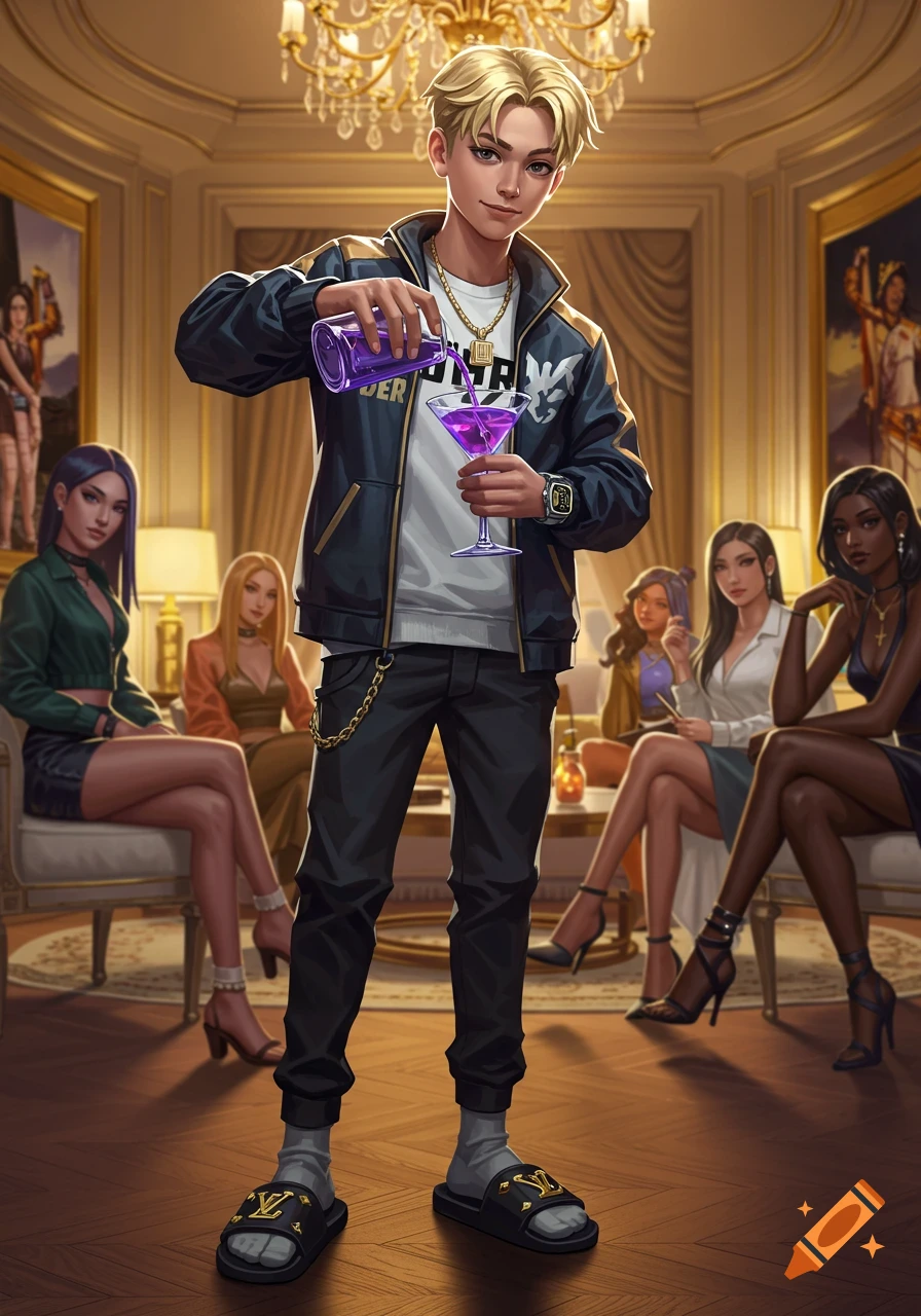 An anime-style young man in designer clothes pours a purple drink into a martini glass, surrounded by stylish women in a luxurious mansion.