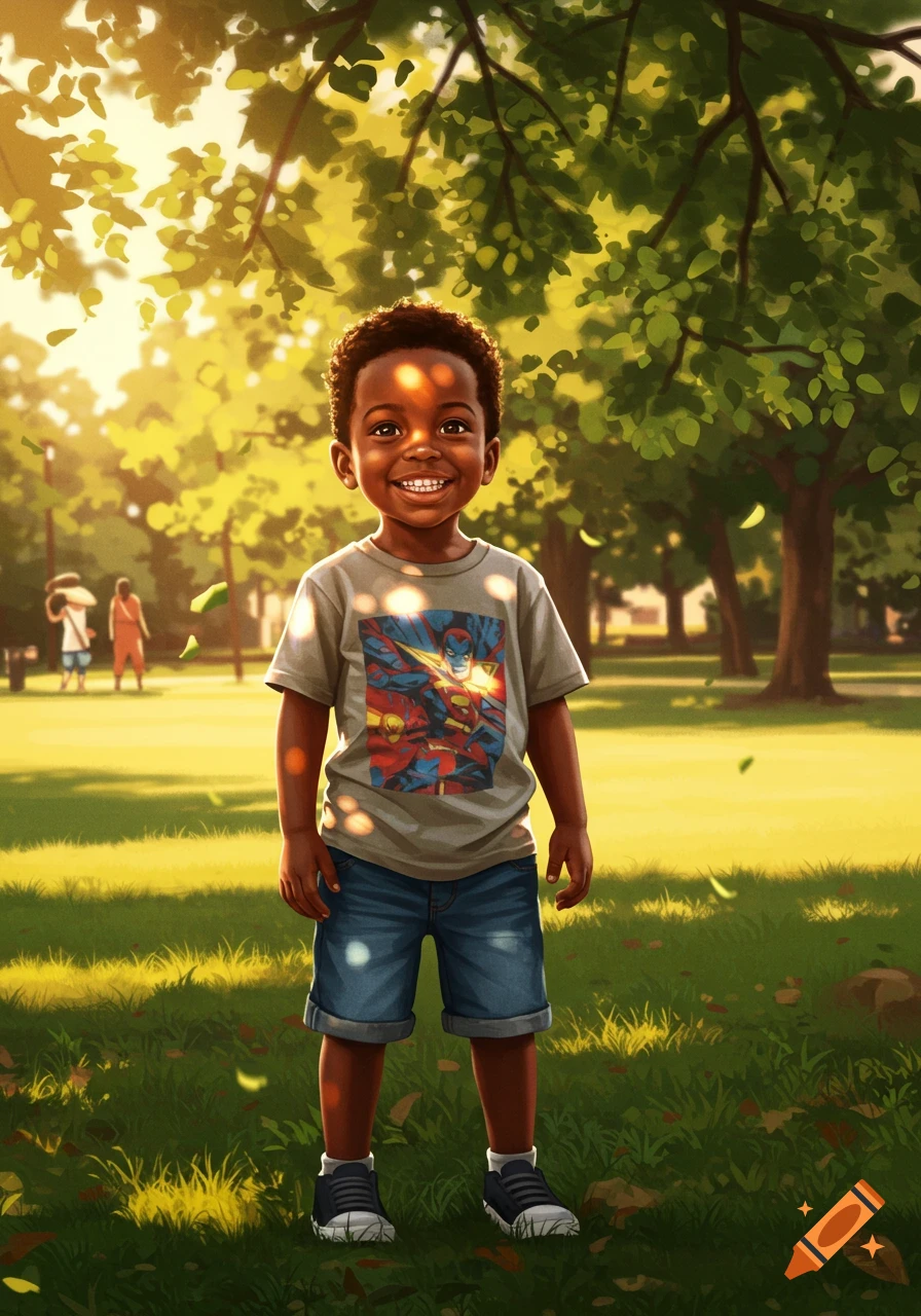 A young Black boy with a big smile stands in a sun-dappled park, wearing a superhero t-shirt and jeans. Digital art.