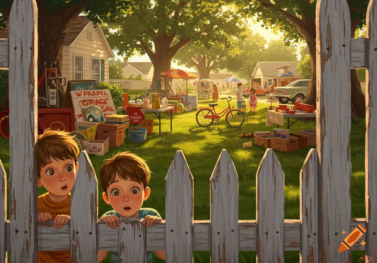 Two young boys peer through a white picket fence at a sunny neighborhood garage sale, illustration style.