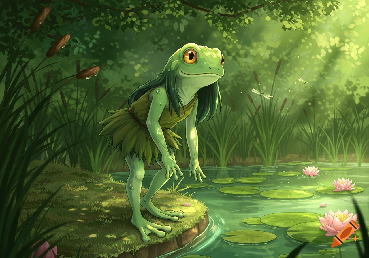 An anthropomorphic frog with long green hair and a leaf skirt stands by a lily pad pond in a lush, sunlit forest, in an anime style.