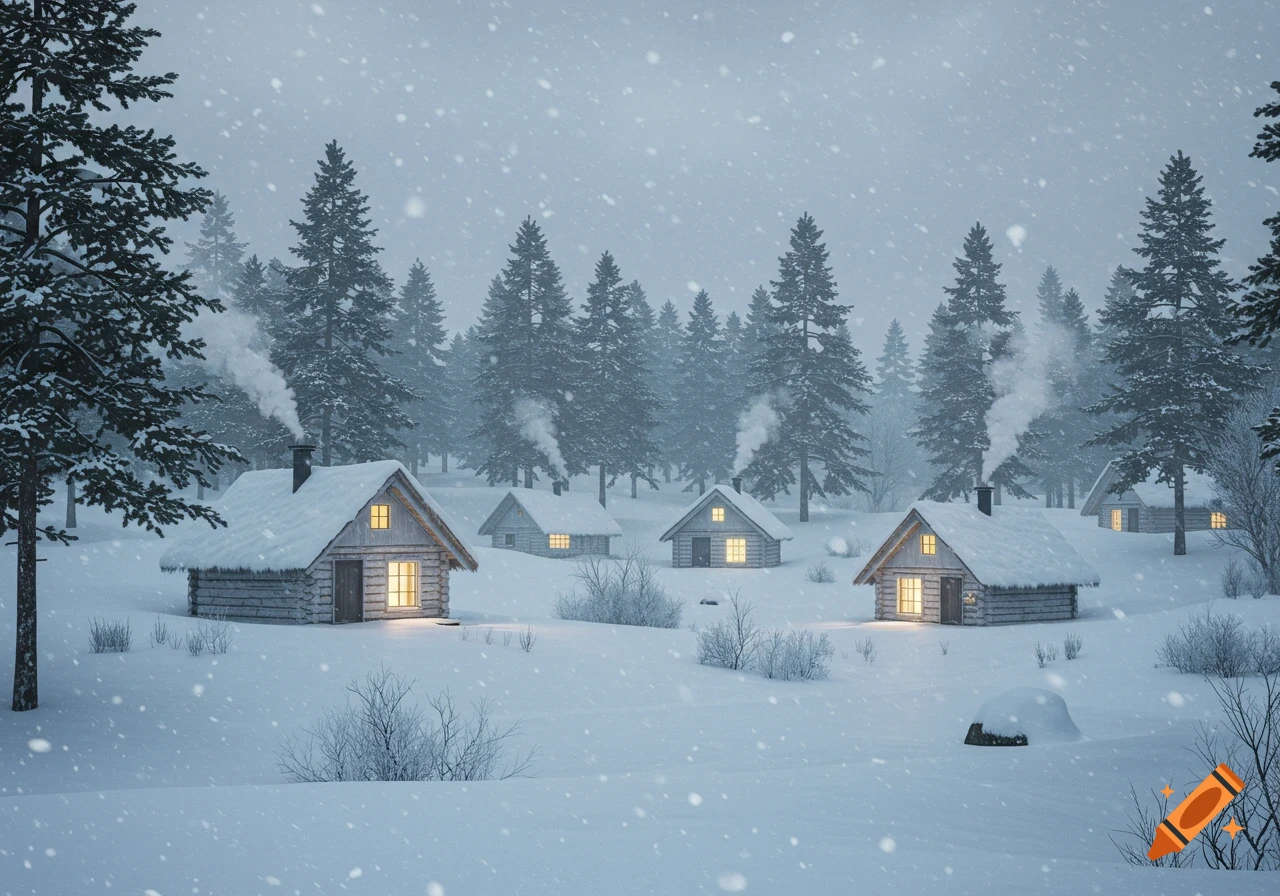 A snowy forest scene with several illuminated, snow-covered wooden cabins and tall evergreen trees under a gray sky with falling snow.