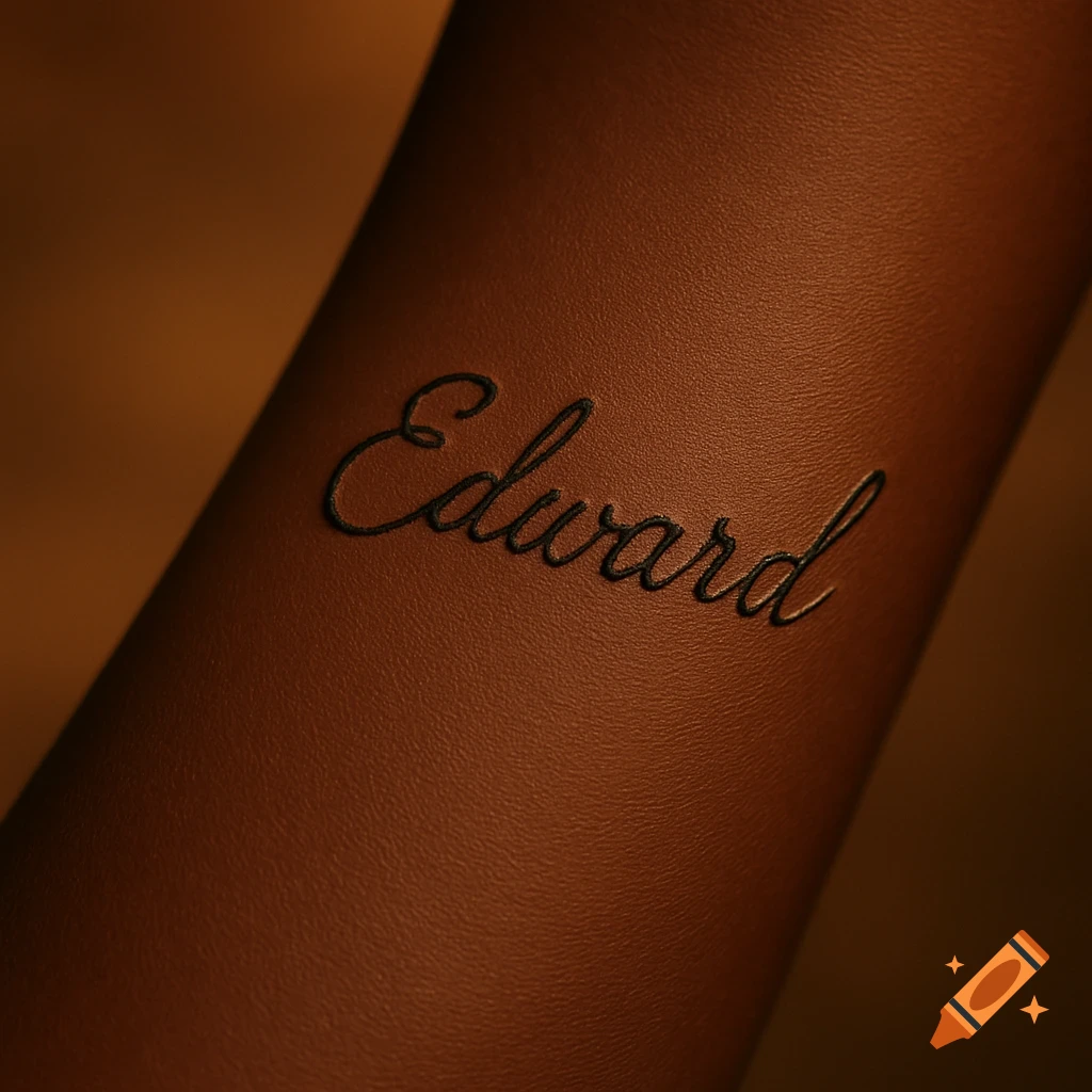 A photorealistic close-up of the name Edward in cursive font, embossed on a dark brown textured surface.