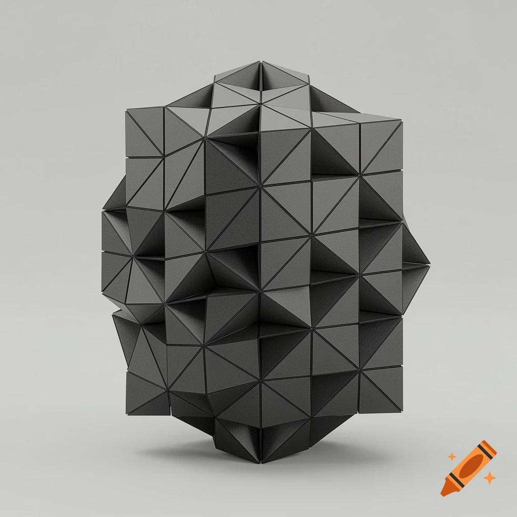 A detailed dark gray abstract geometric sculpture made of many triangular facets, against a light gray background.