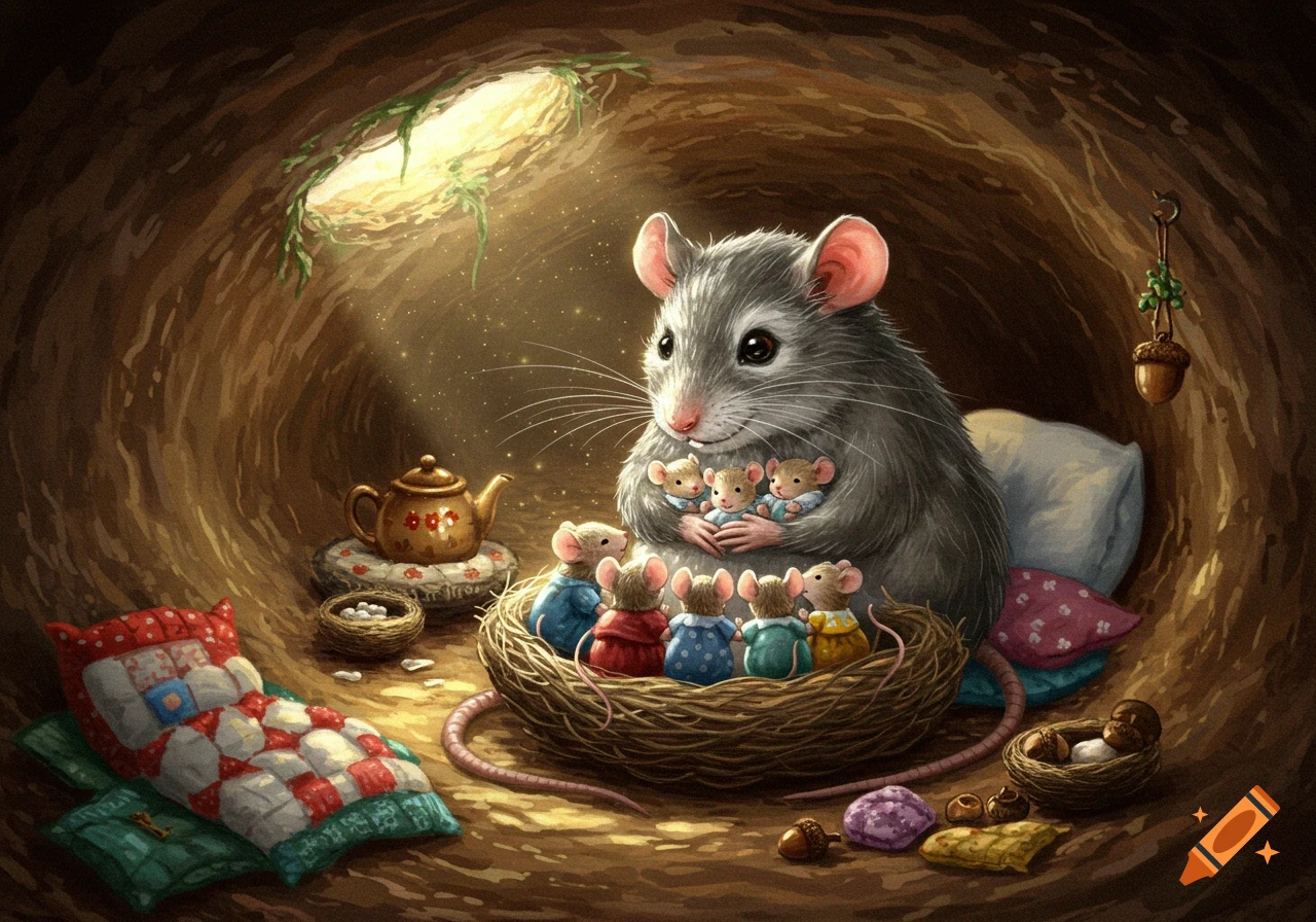 A heartwarming illustration of a mother mouse cuddling baby mice, with other young mice in a nest in a cozy, sunlit burrow.
