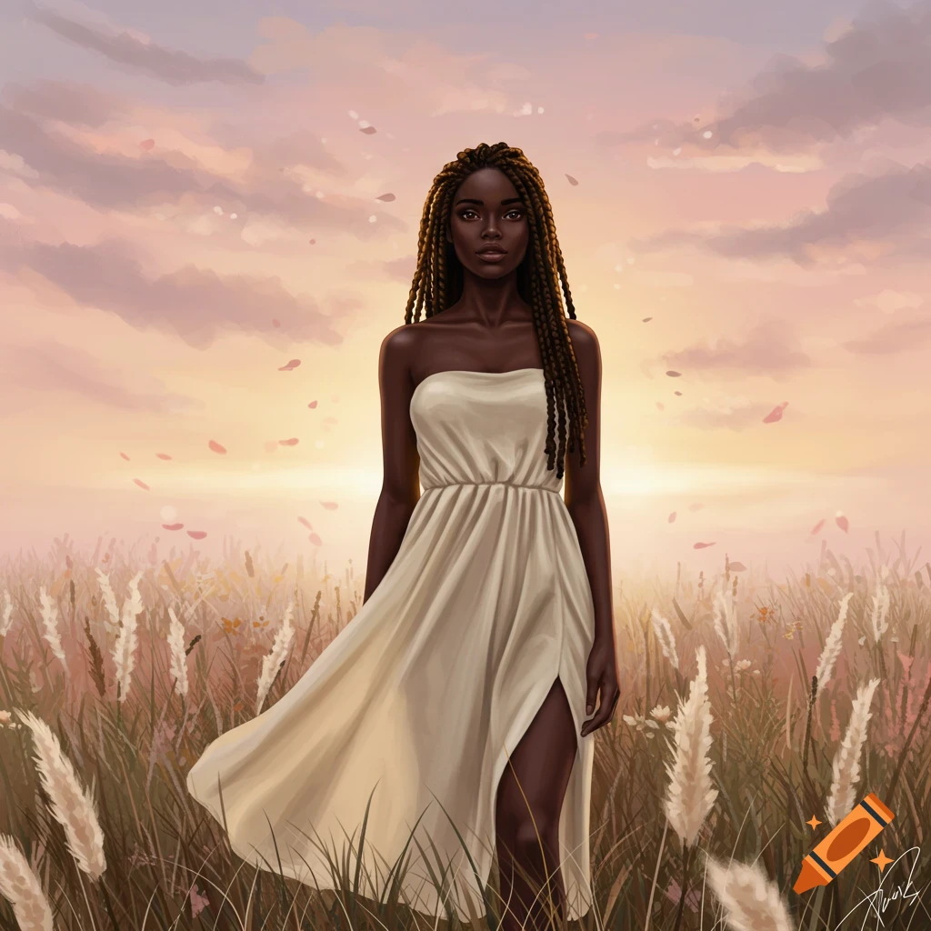 Digital painting of a dark-skinned woman with braided hair in a cream dress, standing in a grassy field at sunset.
