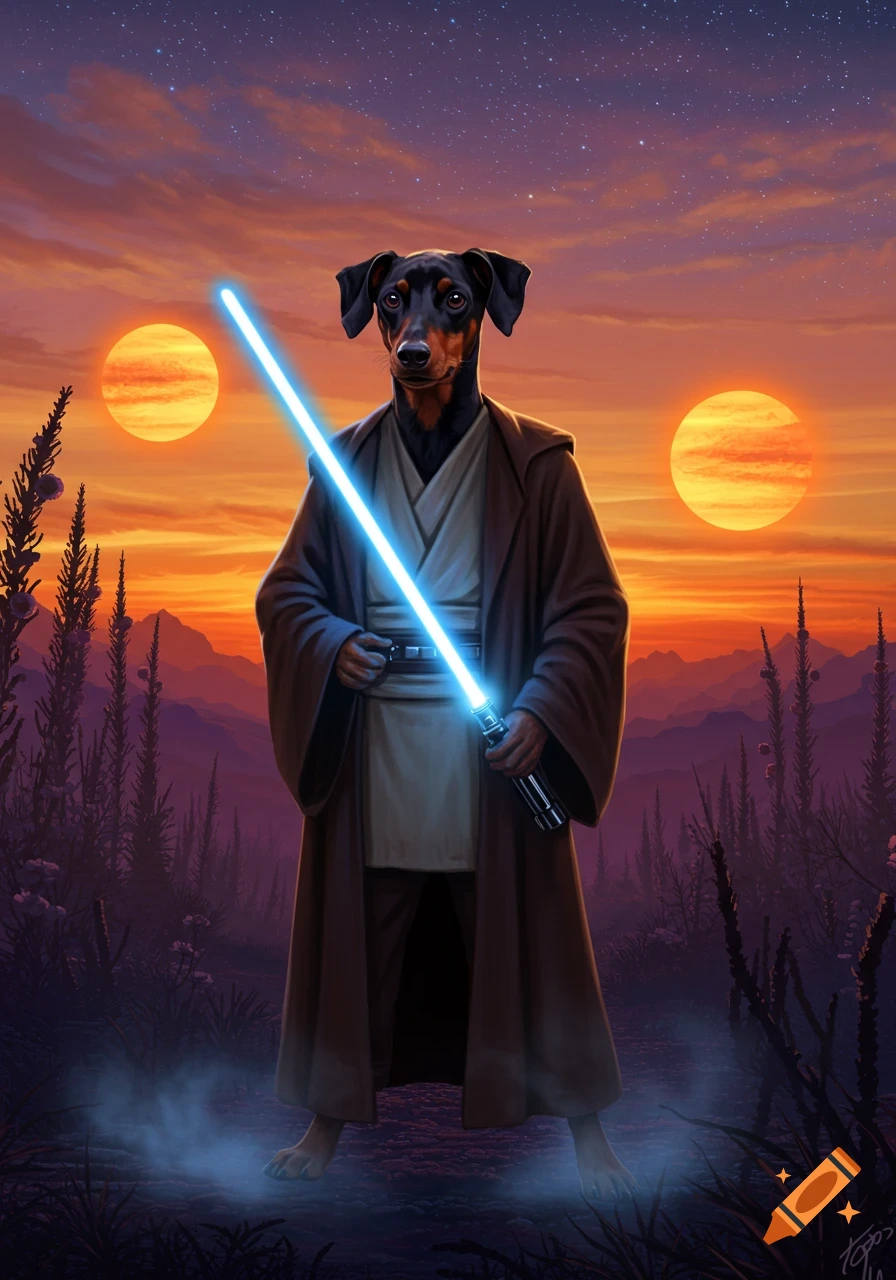 A German Pinscher dog dressed as a Jedi knight holds a blue lightsaber against a twin-sun sunset on an alien planet.