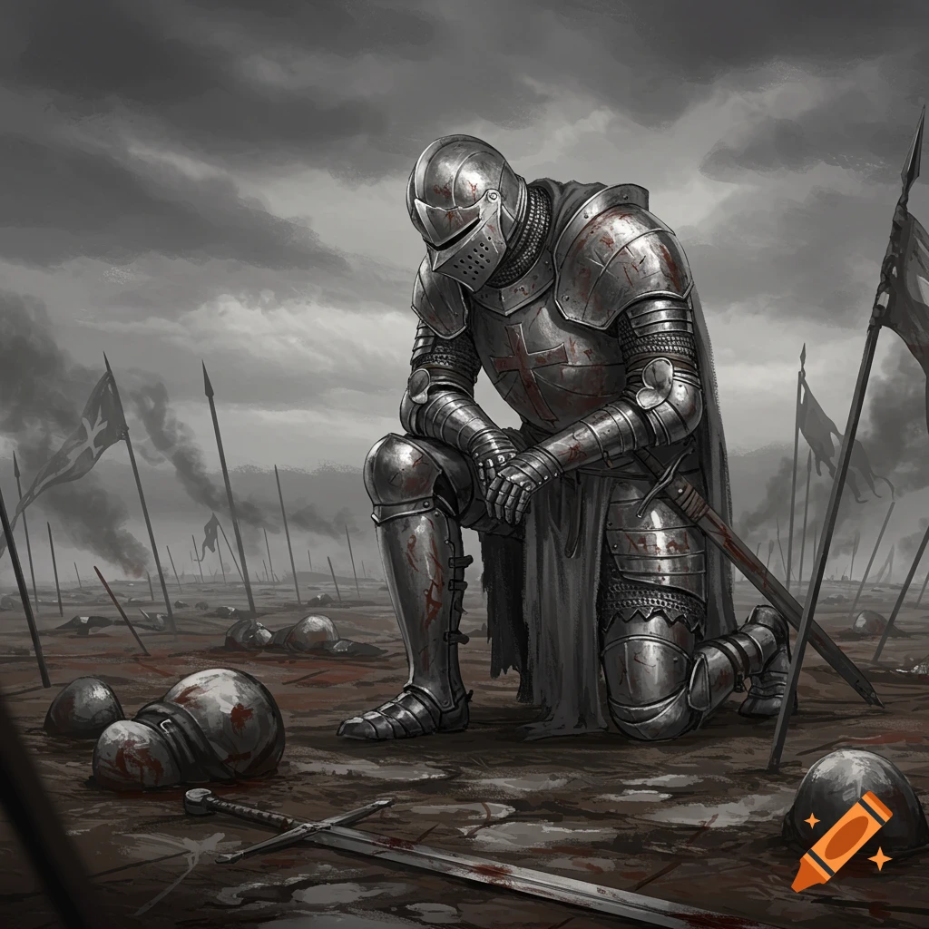 A knight in blood-stained armor kneels on a muddy battlefield after a battle, surrounded by fallen helmets and spears, under a dark sky.