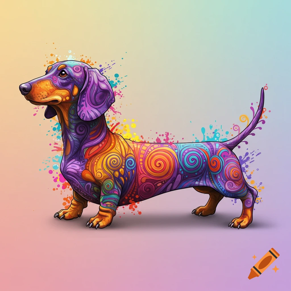 A vibrant, abstract dachshund with swirling patterns in purple, orange, yellow, and blue, surrounded by colorful paint splatters.