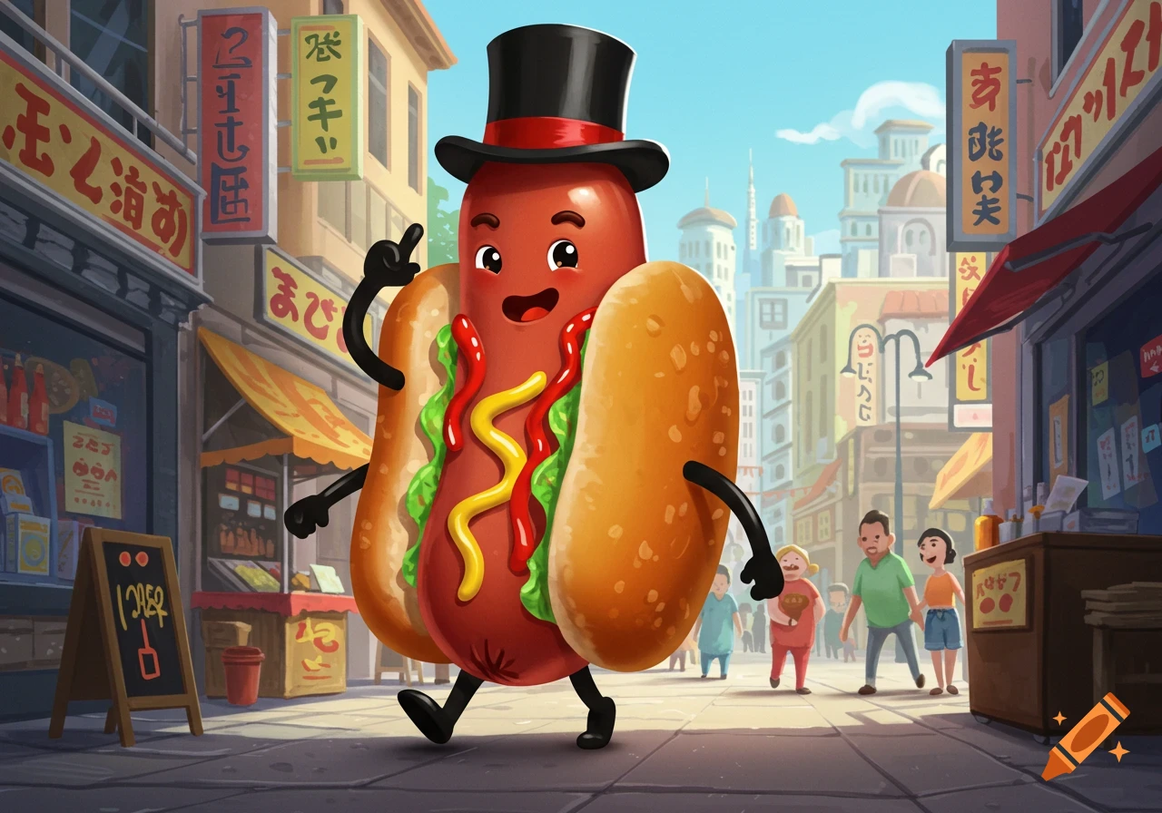 A cheerful anthropomorphic hotdog wearing a top hat walks down a bustling city street lined with shops.
