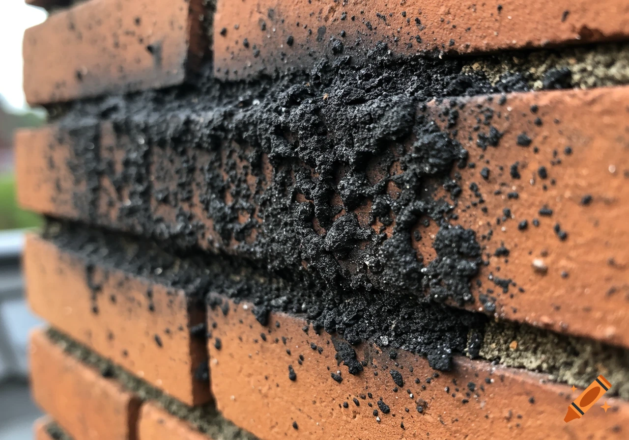Close-up of black soot on a reddish-brown brick wall.