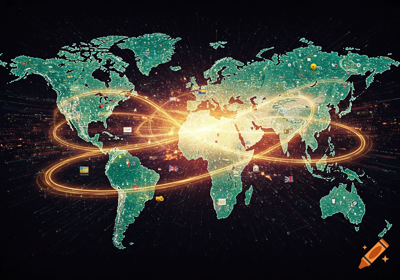 A glowing world map with a circuit board texture, illuminated by bright orange data lines and light bursts symbolizing global connectivity.