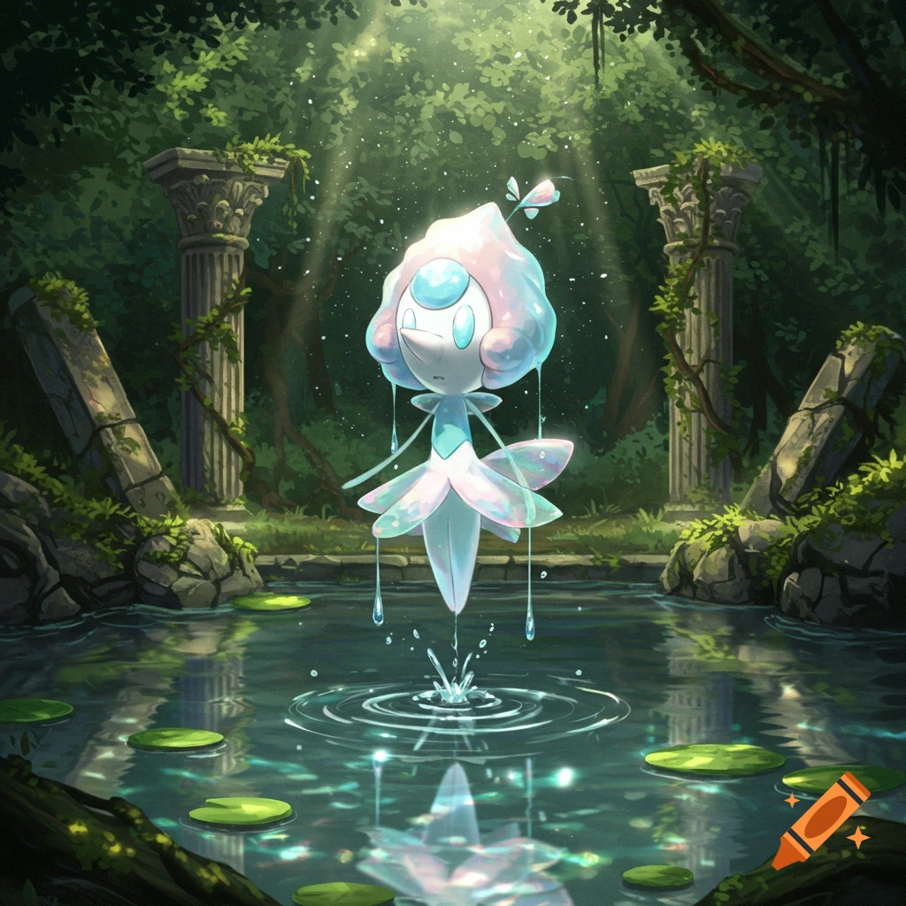 A translucent, pearl-like creature resembling a Pokémon floats above a pond, dripping water, in an enchanted forest with ancient ruins and sunbeams.