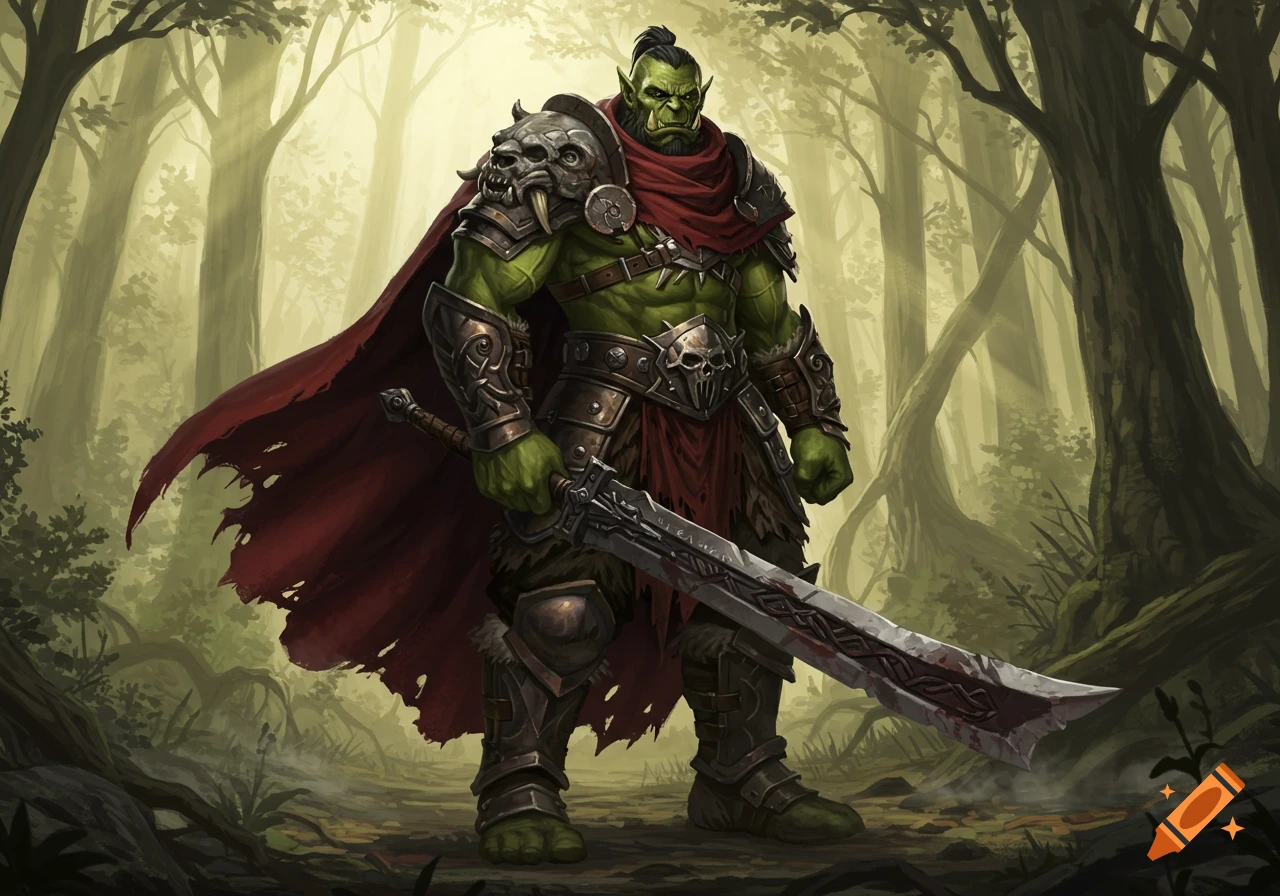 A muscular green orc warrior stands in a forest holding a large broad sword, wearing armor and a cloak. Digital illustration.