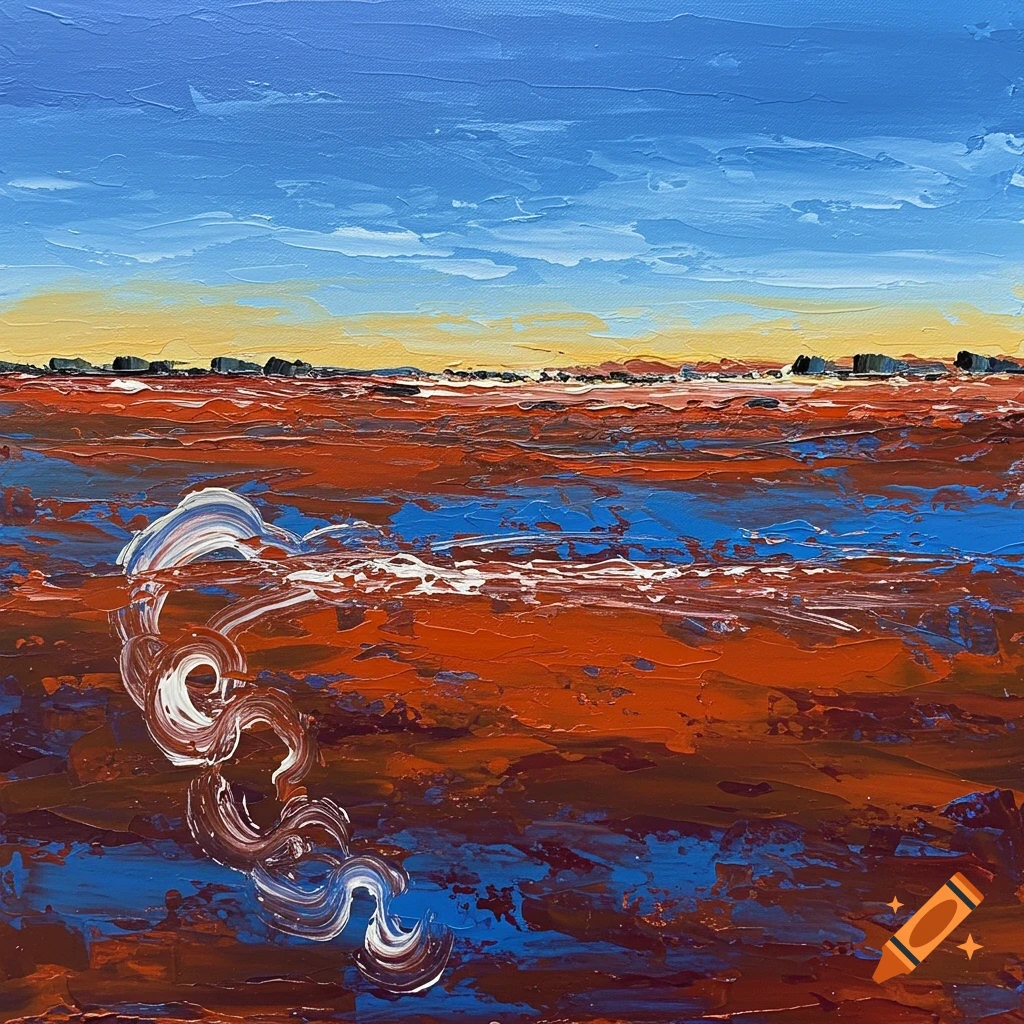 Abstract impasto painting of a landscape with a blue sky, a yellow horizon line, and a textured ground of reds, blues, and white swirls.