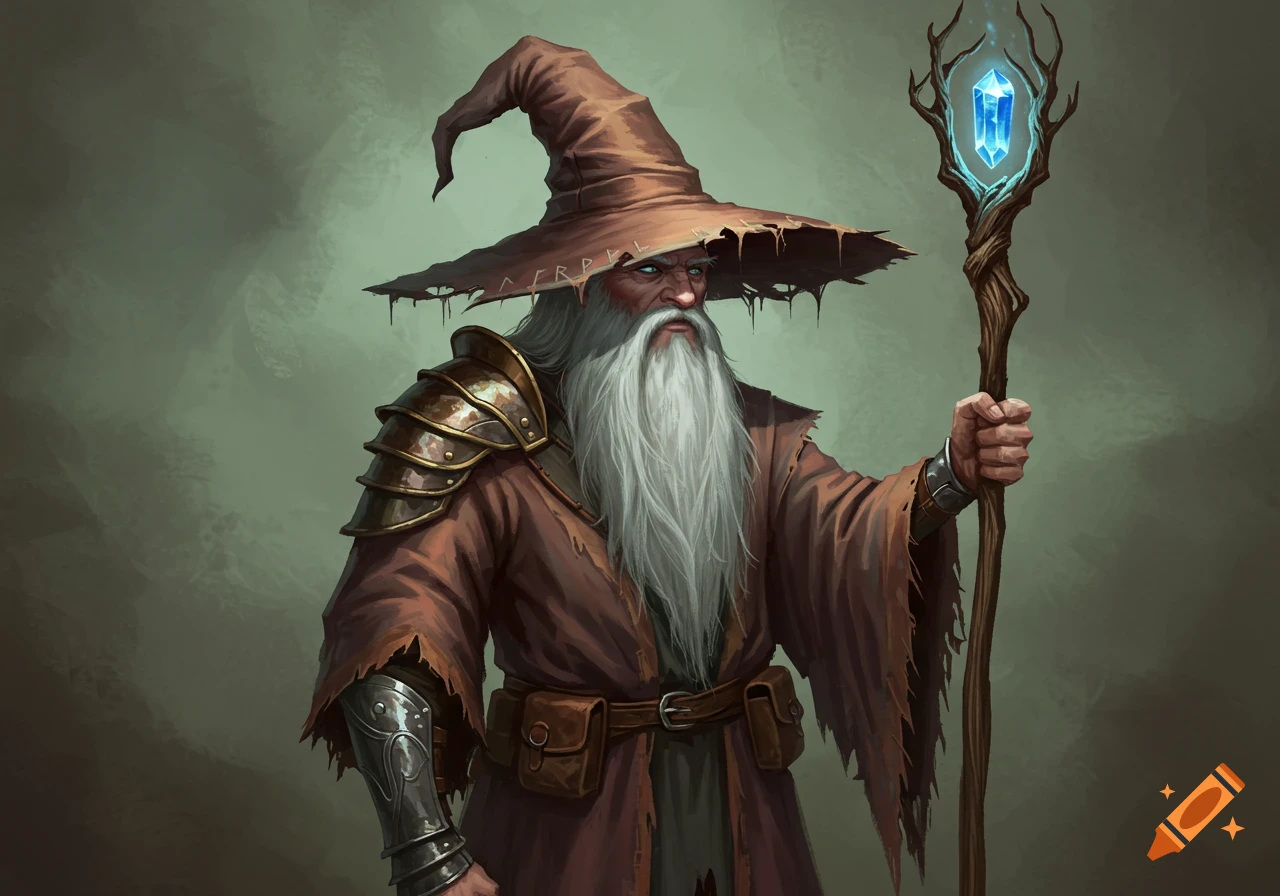 A detailed fantasy illustration of an old wizard with a long white beard, wearing a ragged brown robe, armored pauldron, and a large, tattered hat, holding a glowing blue crystal staff.