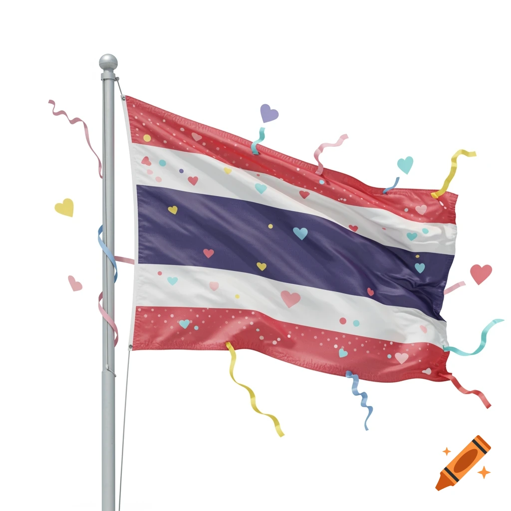 A colorful, preppy Thailand flag adorned with scattered hearts and confetti, waving on a flagpole against a white background.