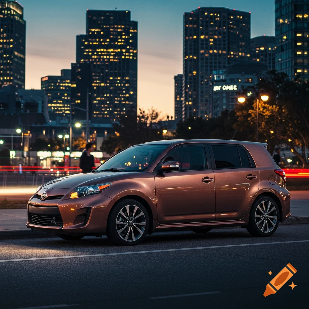 A bronze Scion car parked on a city street at dusk, with illuminated skyscrapers and light trails in the background.