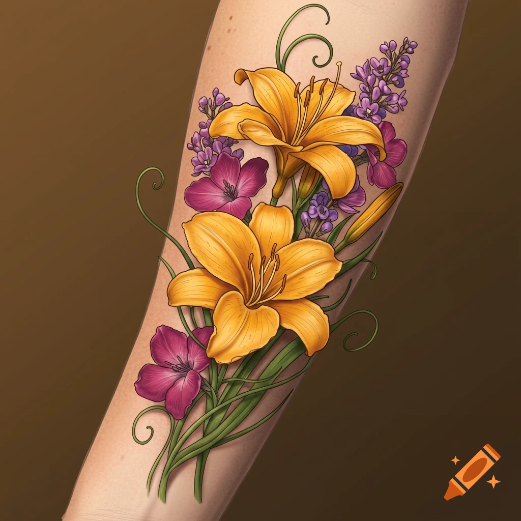 Colorful tattoo of yellow lilies and purple flowers on an arm