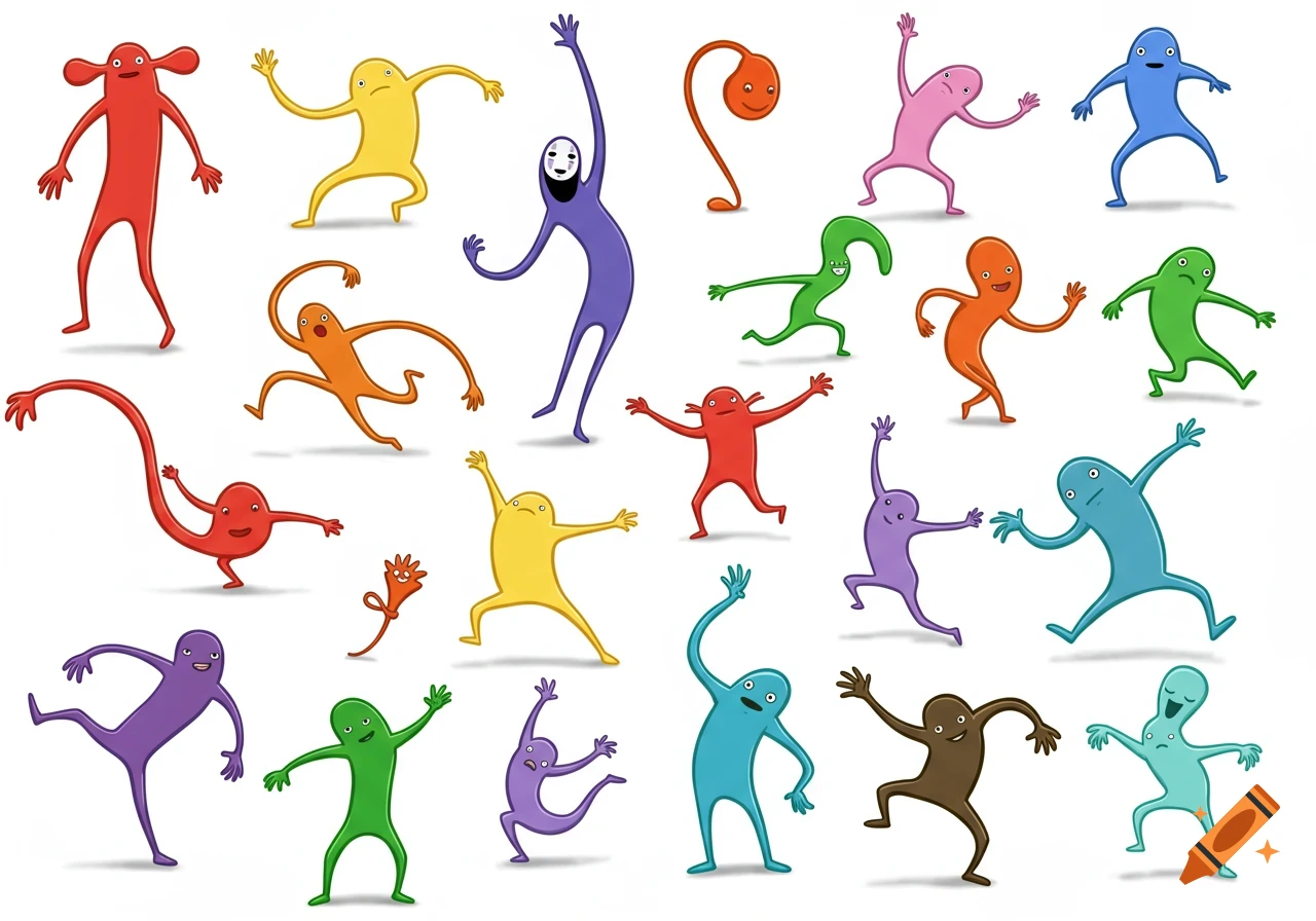 A playful collection of many colorful, elongated, cartoon doodle characters with various expressions and poses on a white background.