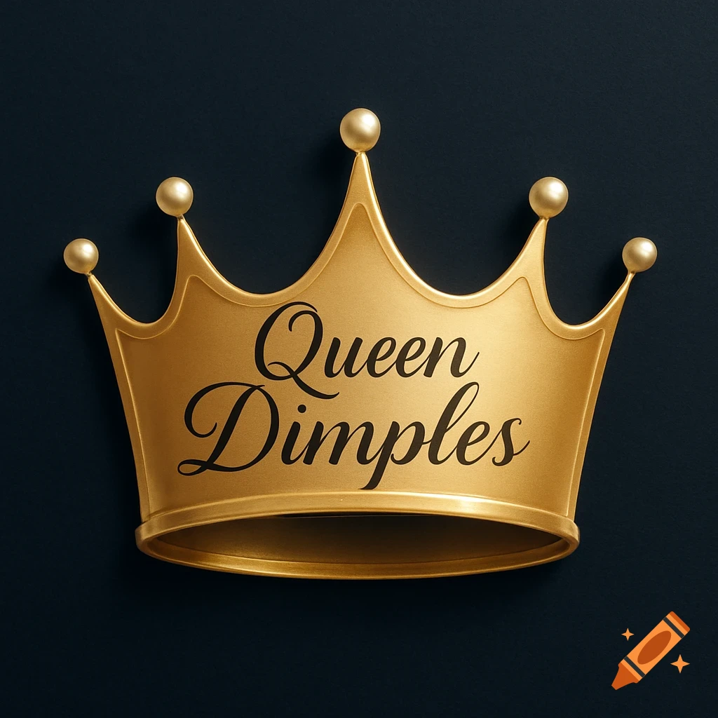 A golden crown with 'Queen Dimples' written in elegant script on a dark background.