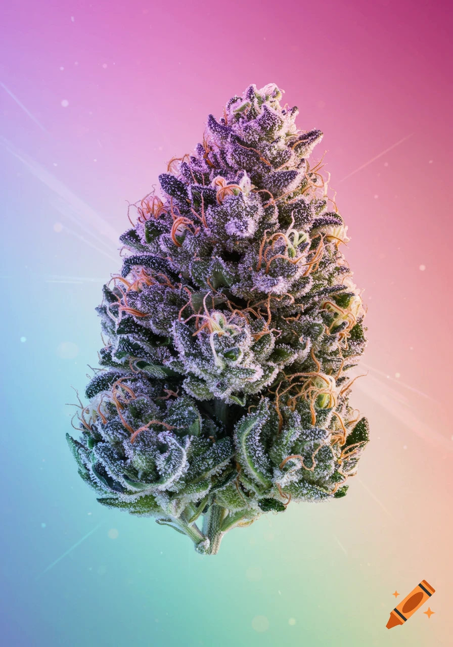 A detailed close-up of a vibrant cannabis bud, rich with trichomes and orange hairs, against a soft, colorful rainbow background.